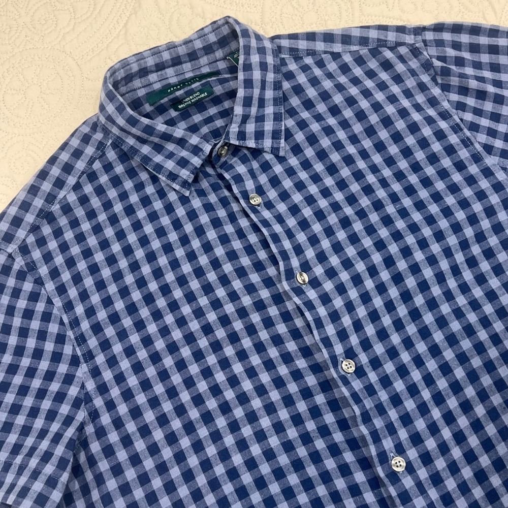 Perry Ellis Mens Large Blue Gingham Linen Blend Short Sleeve Button Down Shirt